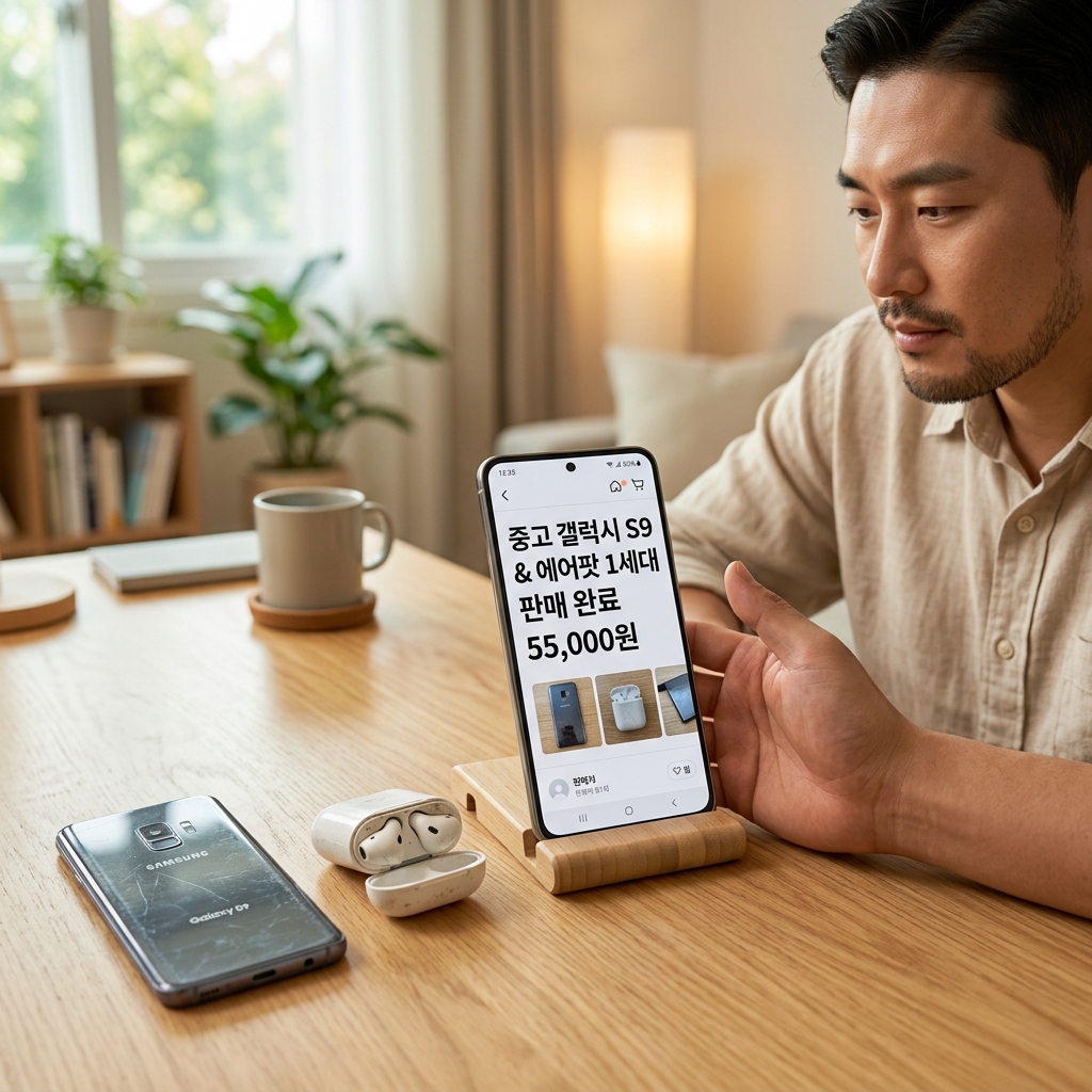 책상 위에 놓인 중고 전자기기와 스마트폰 화면 속 판매 글을 나란히 비교하는 장면, 실내 조명