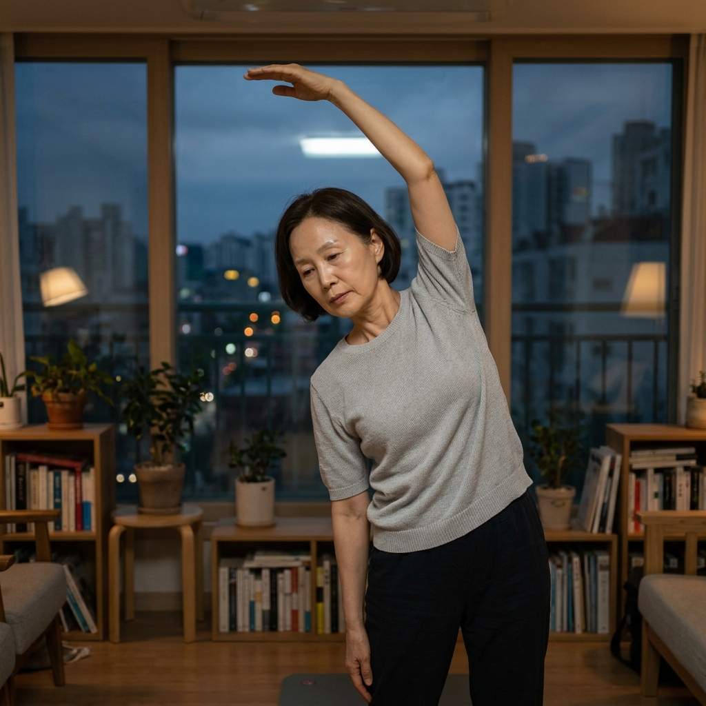 창가에서 가벼운 체조를 하는 60대 여성, 실내 조명이 켜져 있고 바깥은 어두워지는 시간대