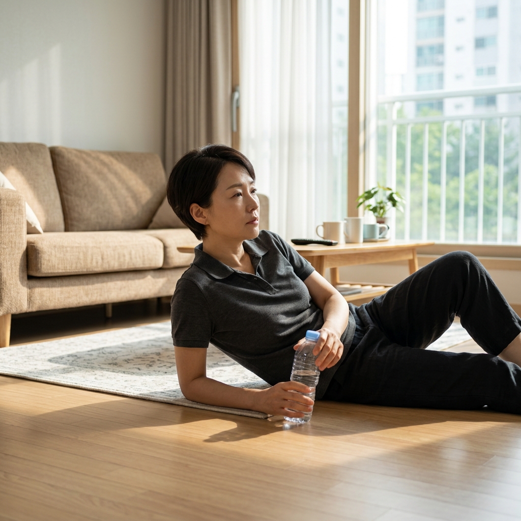 거실 바닥에 누운 사람이 물병을 들고 있고, 창가에 햇빛이 들어오는 조용한 오후 풍경