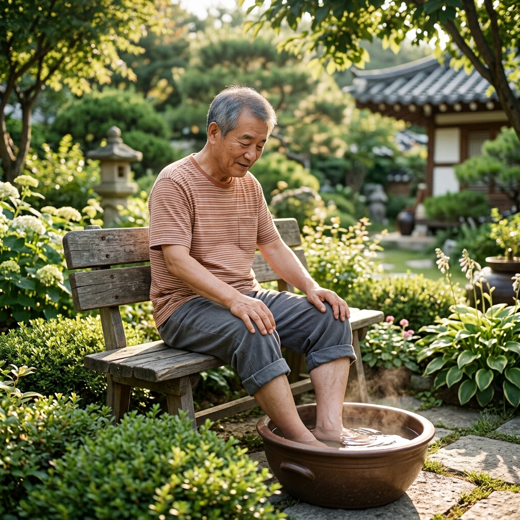 70대 남성이 긴 바지를 무릎까지 걷어 올리고 나무 의자에 앉아 발을 따뜻한 물에 담근 모습, 주변에 낮은 초록 관목과 햇빛이 비치는 오후 풍경