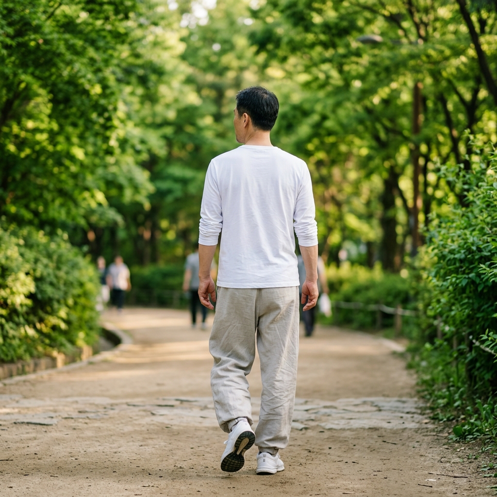 40대 남성이 무채색 한복 바지에 흰색 티셔츠와 운동화를 신고 공원 산책로를 걷는 뒷모습, 긴 소매, 나뭇잎 초록빛 배경