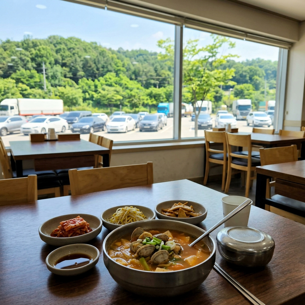 고속도로 휴게소 테이블에 놓인 조개찌개 한 그릇과 밑반찬, 창밖으로 주차장과 여름 녹음이 보이는 실내 풍경
