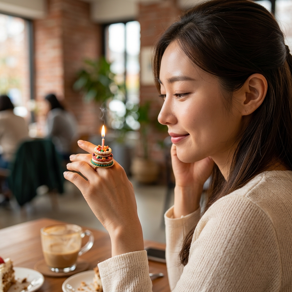 손가락에 낀 미니 케이크 반지 위에 작은 촛불이 켜진 모습