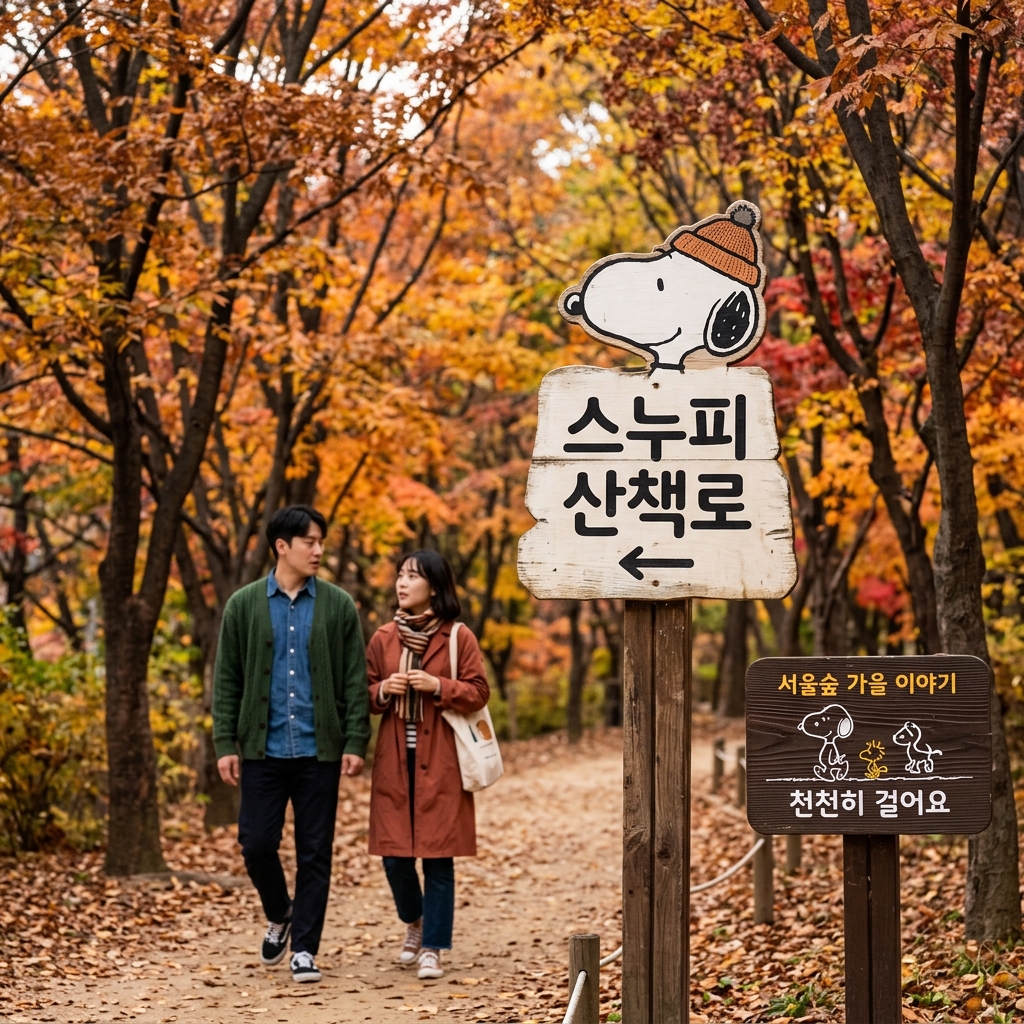 스누피 캐릭터 산책로 표지판과 가을 단풍이 어우러진 서울숲 풍경