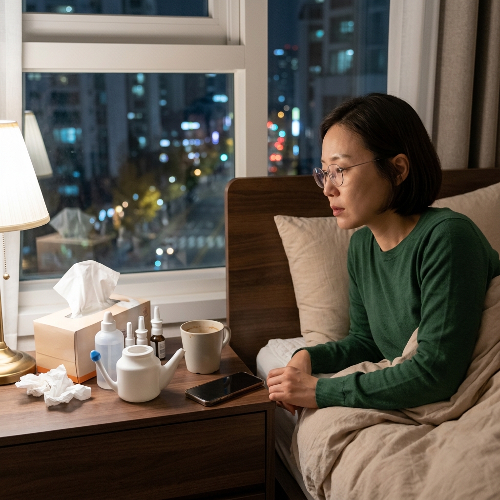 침대 옆 탁자 위 코 세척기와 티슈, 창밖으로 보이는 밤 풍경