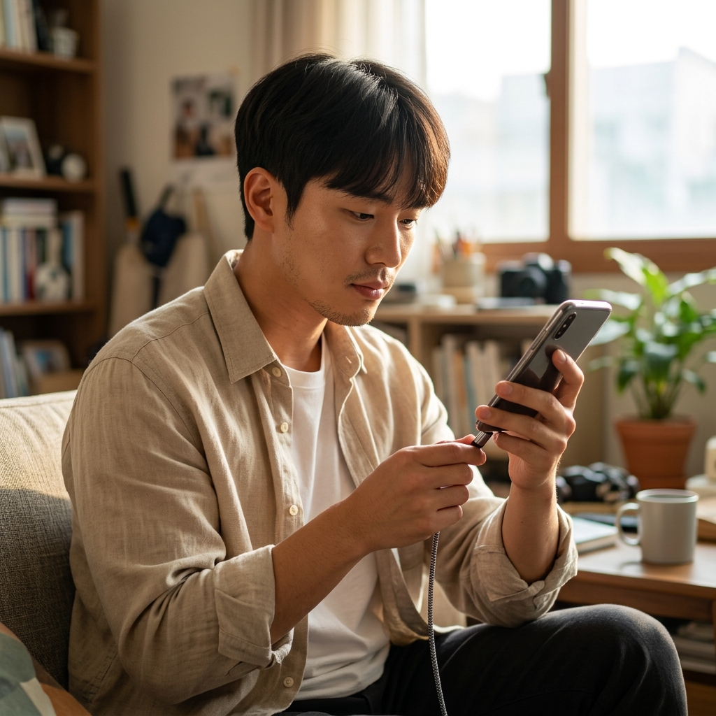 충전 중 스마트폰을 손에 든 중장년 성인이 케이블 목 부분을 확인하는 모습