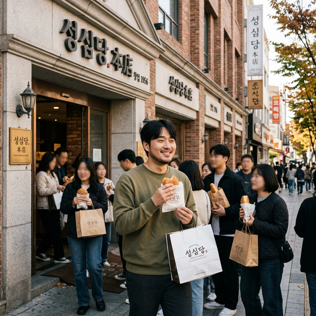 대전 성심당 본점 외관과 입구 앞 빵을 든 방문객들의 모습