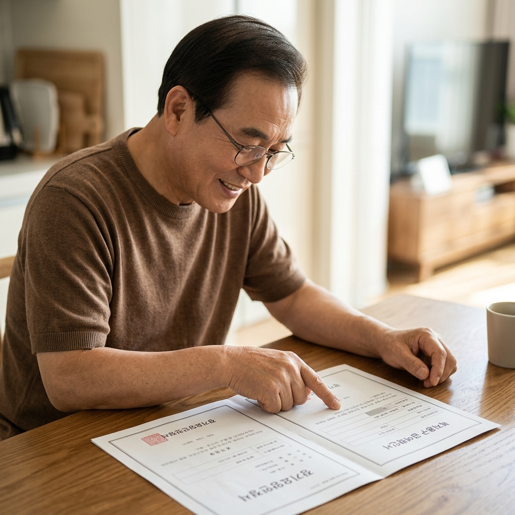 70대 남성이 테이블에 앉아 장기요양인정서와 복지용구 급여확인서를 펼쳐 놓고 손으로 짚으며 확인하는 장면