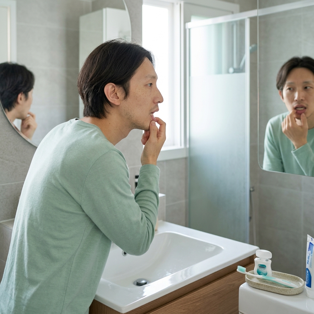 세면대 위에 놓인 부드러운 칫솔과 치실, 거울에 비친 입 안을 확인하는 손 모습