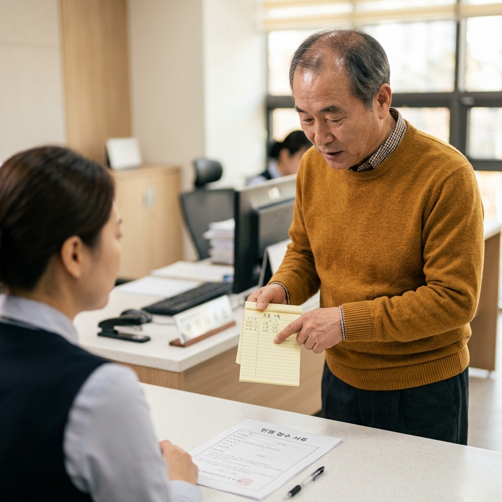 관리사무소 창구에서 직원과 대화하며 소음 기록 메모를 보여주는 60대 초반 남성, 책상 위에는 민원 접수 서류가 놓여 있다