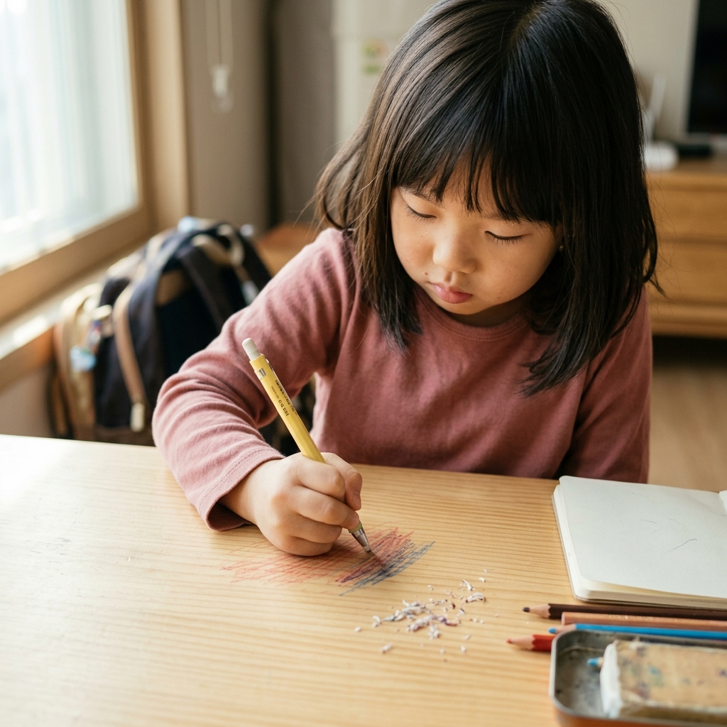아이 손이 연필형 지우개로 책상 위 색연필 자국을 문지르고 있고 옆에 지우개 가루가 조금 쌓인 모습