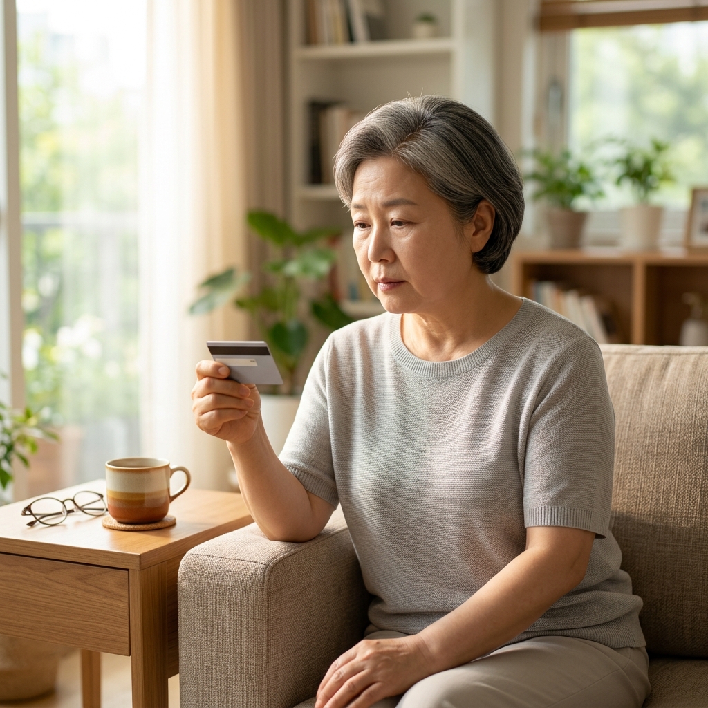 60대 여성이 집 안 소파에 앉아 카드를 들고 생각하는 표정, 옆 탁자에 안경과 차 한 잔이 놓여 있고 실내는 밝고 따뜻한 봄빛이 든다