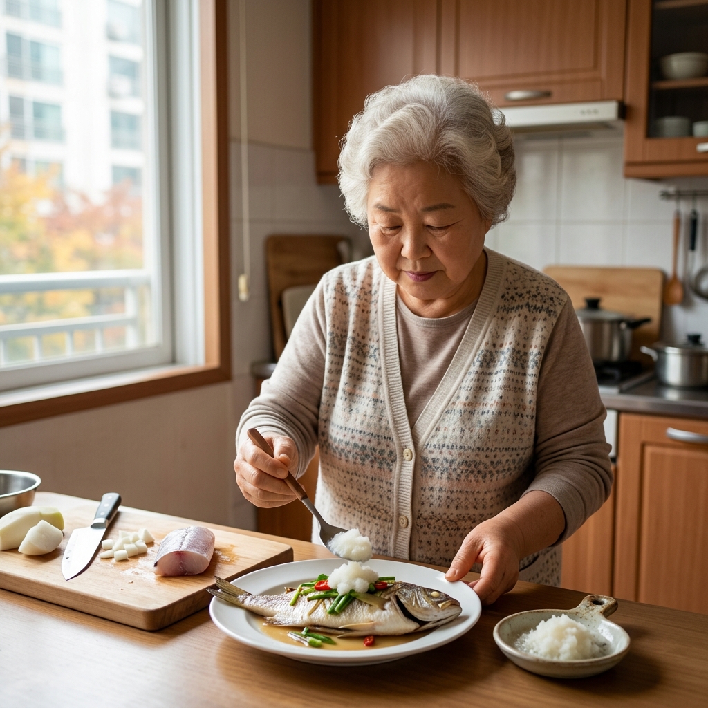 70대 여성이 주방에서 흰 접시에 담긴 생선찜을 준비하며, 강판에 간 흰 무즙을 생선 위에 얹고 있는 장면. 창밖으로 부드러운 자연광이 들어오고, 도마 옆에는 무 조각과 생선 한 토막이 놓여 있다.