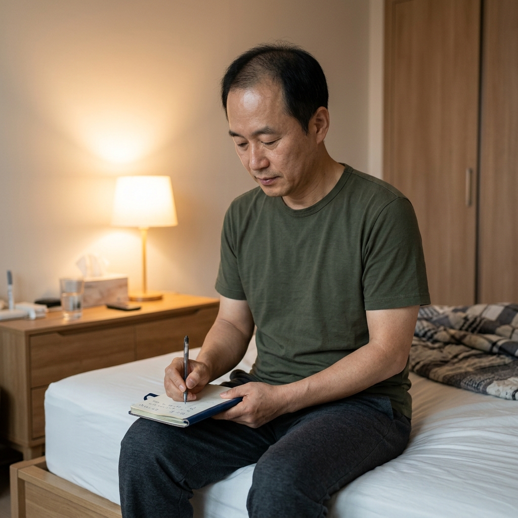 침대 옆 작은 노트에 증상을 기록하는 중년 남성, 침실 간접 조명, 반팔 티셔츠
