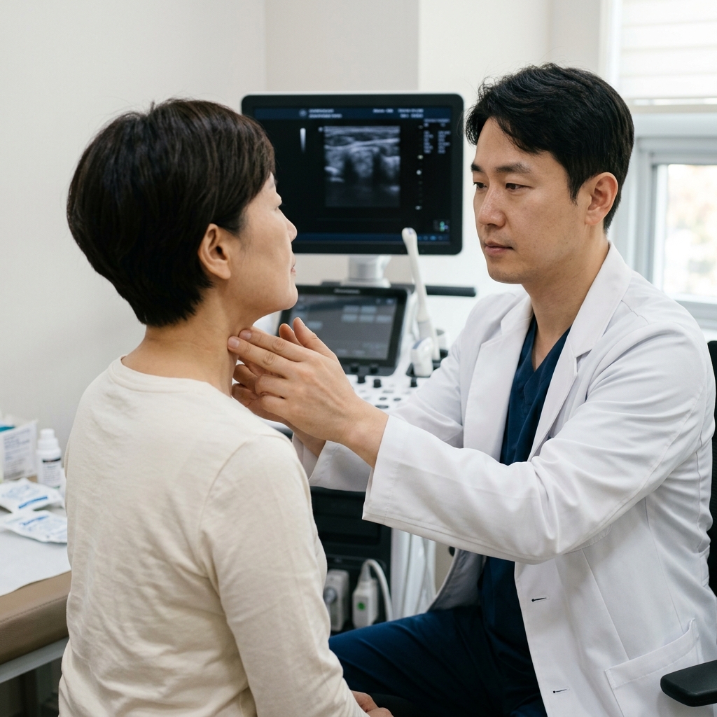 의사가 환자의 목 앞쪽을 촉진하며 초음파 검사를 준비하는 장면