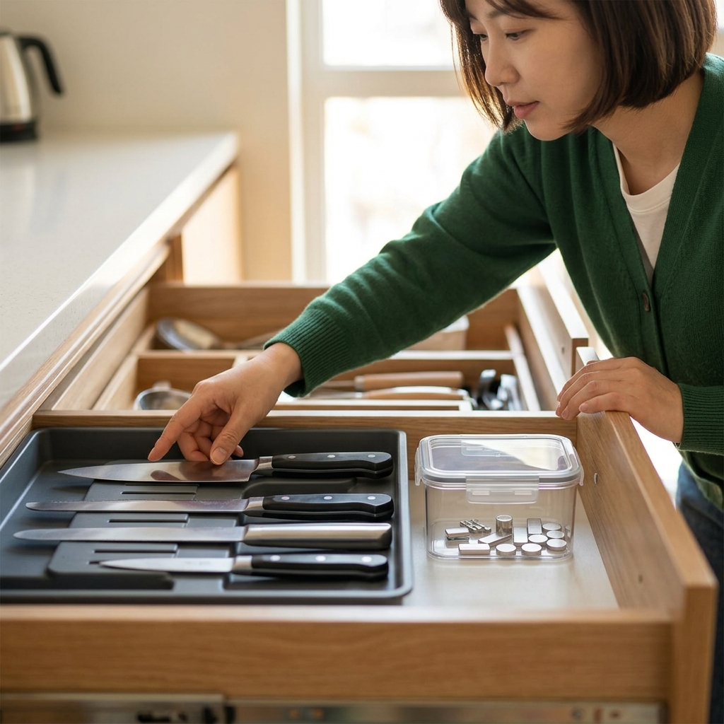 서랍 안 칼 트레이에 칼이 정리되어 있고, 작은 자석은 뚜껑 있는 투명 통에 담긴 모습, 실내 밝은 조명