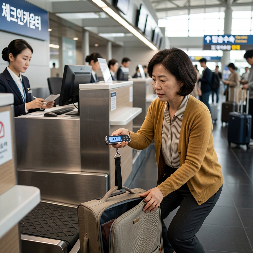 공항 체크인 카운터 옆 바닥에 캐리어를 내려놓고 휴대용 디지털 저울로 무게를 재확인하는 중년 여성