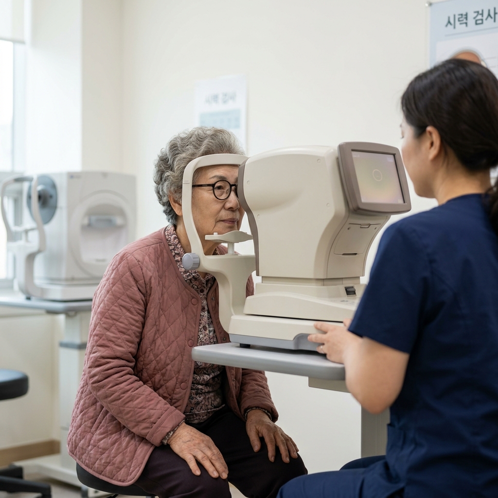 시험장 검사실에서 70대 여성이 시력검사 기계 앞에 앉아 검사를 받는 장면, 흰색 벽과 검사 장비가 보이는 실내