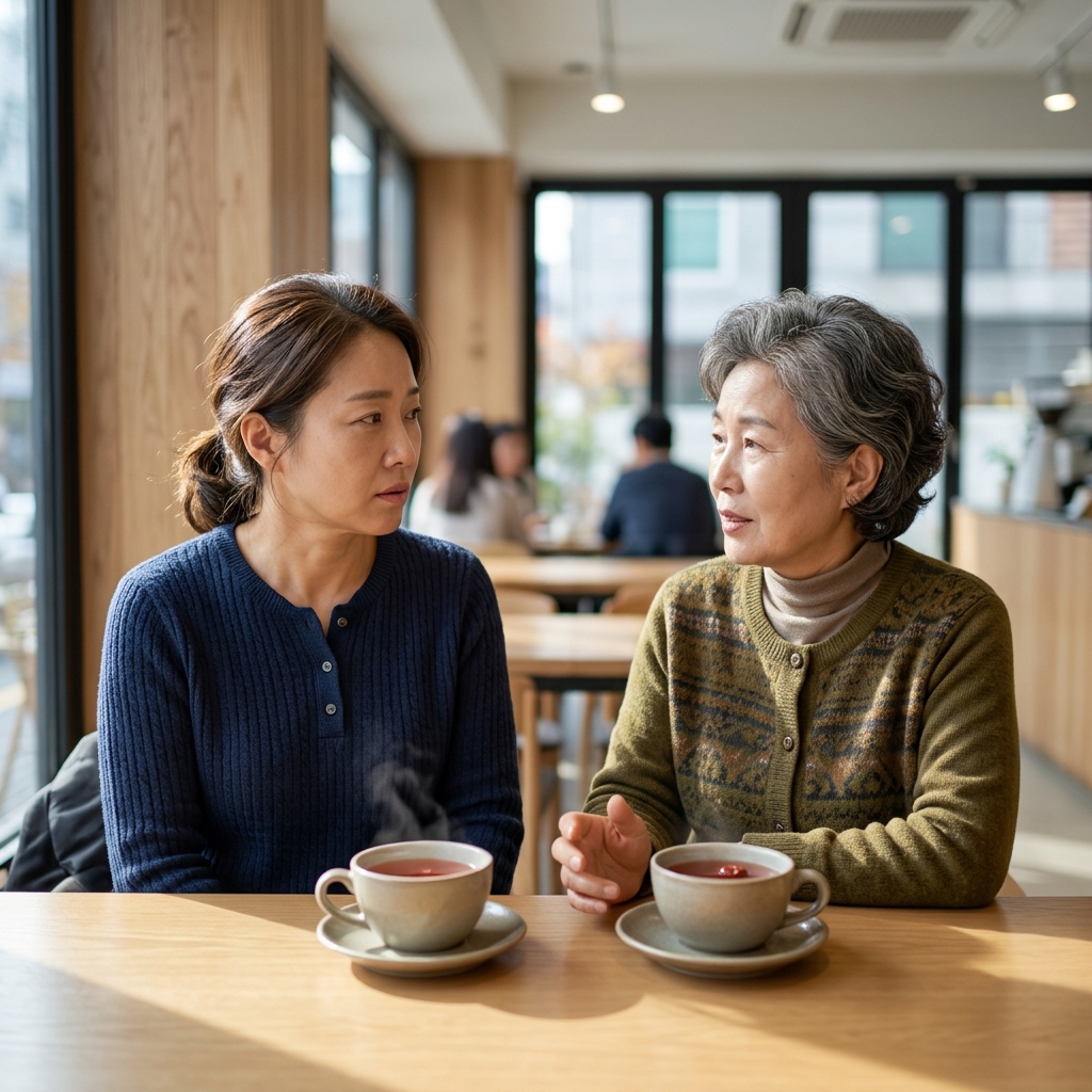테이블에 마주 앉아 조용히 대화하는 45세 여성과 70대 어머니, 두 사람 사이에 놓인 차 잔