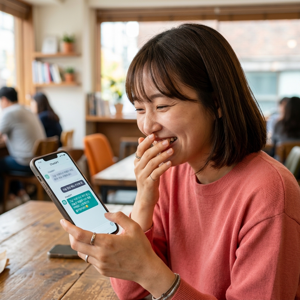 스마트폰 화면에 챗GPT 대화창이 열려 있고, 재밌는 답변을 보고 웃는 사람의 손과 얼굴 일부가 보이는 장면