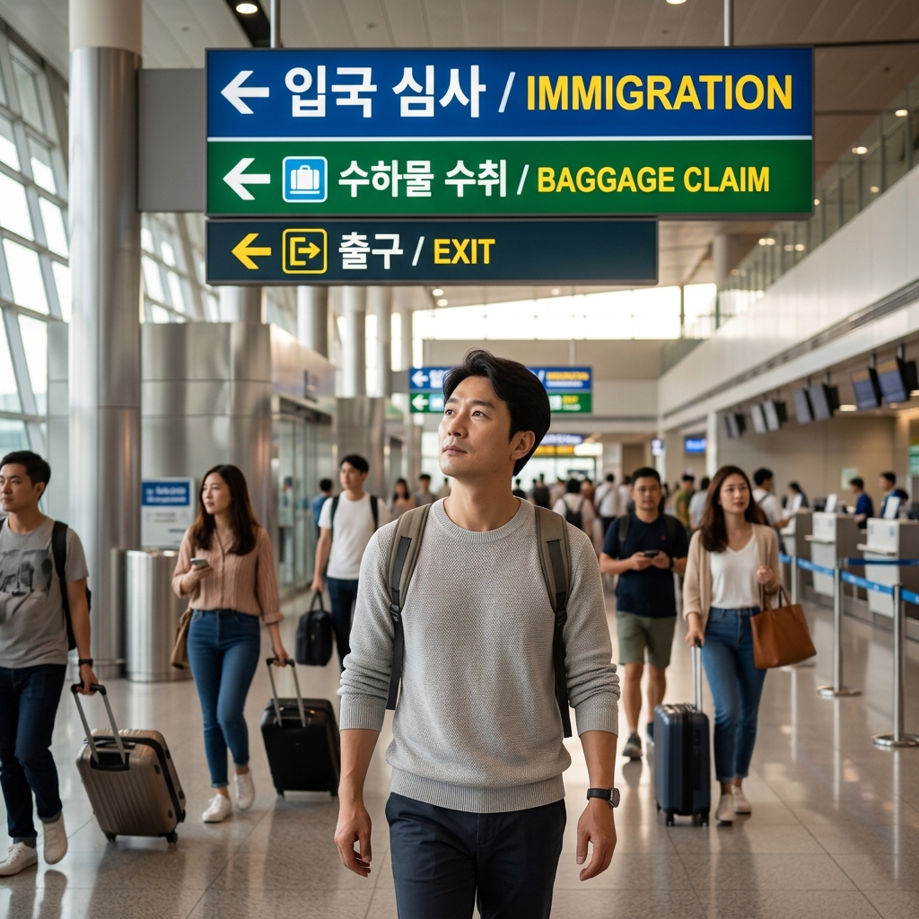 태국 공항 입국장 안내 표지판과 여행객들