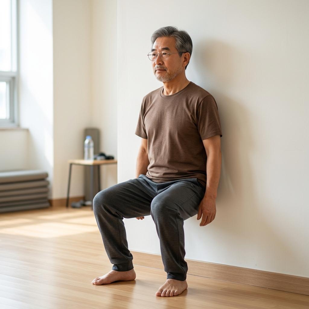 60대 남성이 벽에 등을 기대고 무릎을 살짝 굽힌 채 벽 스쿼트 자세를 취하고 있는 모습, 실내, 평평한 바닥