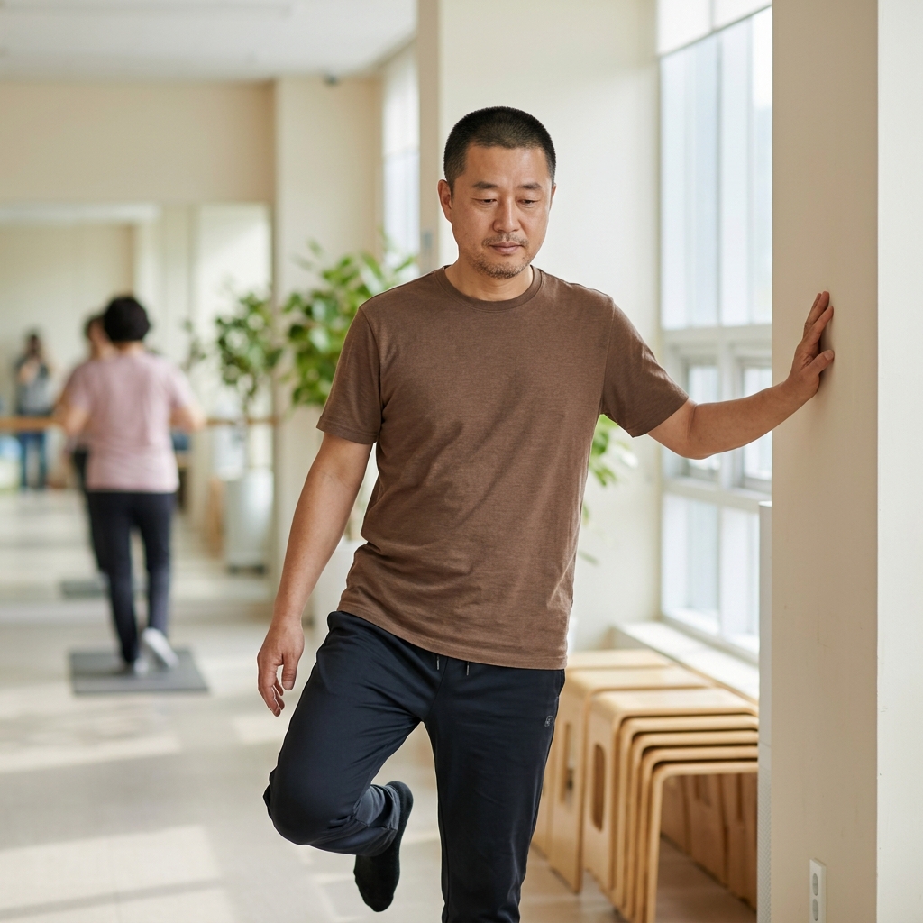 벽을 한 손으로 가볍게 짚고 한 발로 서 있는 중장년 남성의 전신 측면
