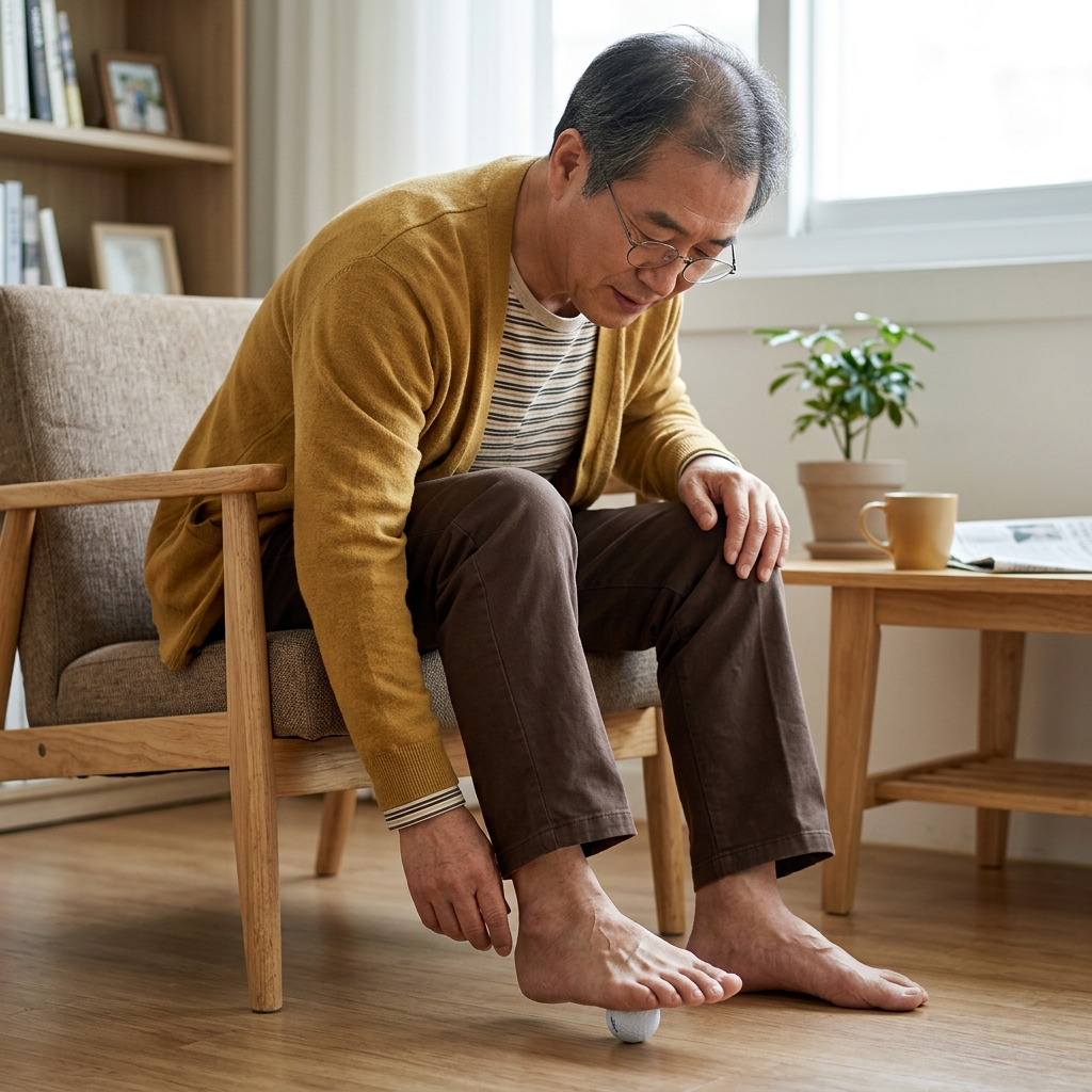 60대 남성이 의자에 앉아 골프공을 발바닥 아래에 두고 체중을 실어 굴리는 모습, 발가락이 자연스럽게 펴져 있다
