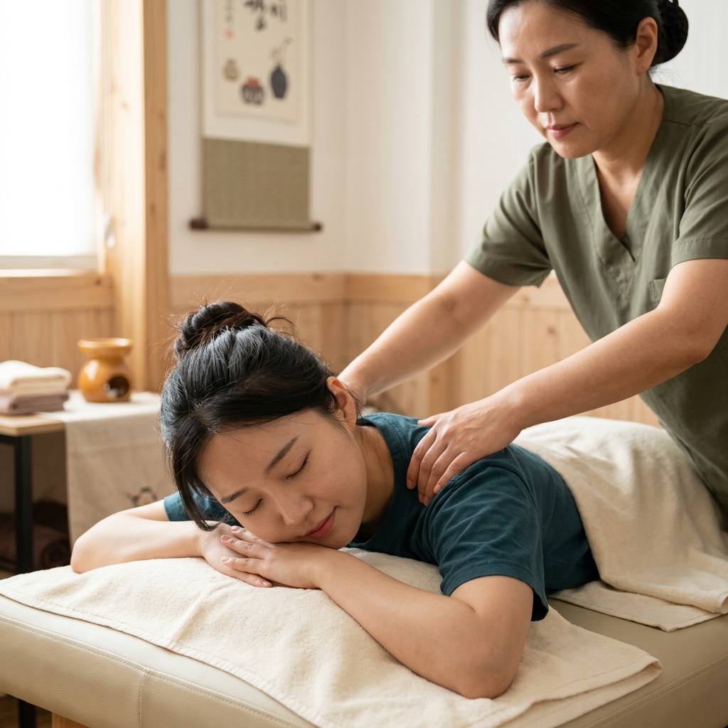 20대 여성이 마사지 숍 침대에 엎드려 어깨 마사지를 받으며 눈을 감고 있는 모습