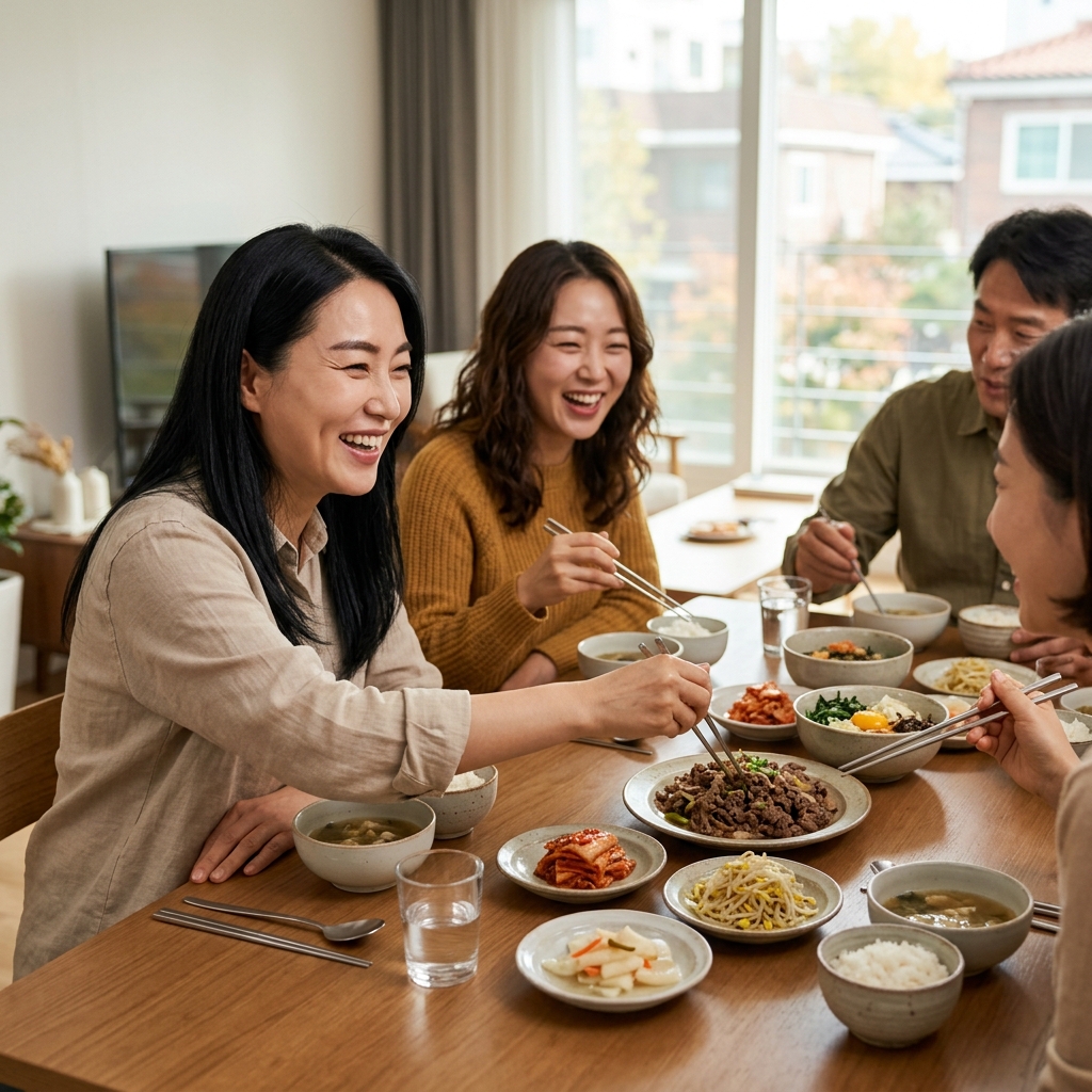식탁 위에 여러 접시의 음식이 놓여 있고, 사람들이 함께 나눠 먹으며 웃고 있는 장면