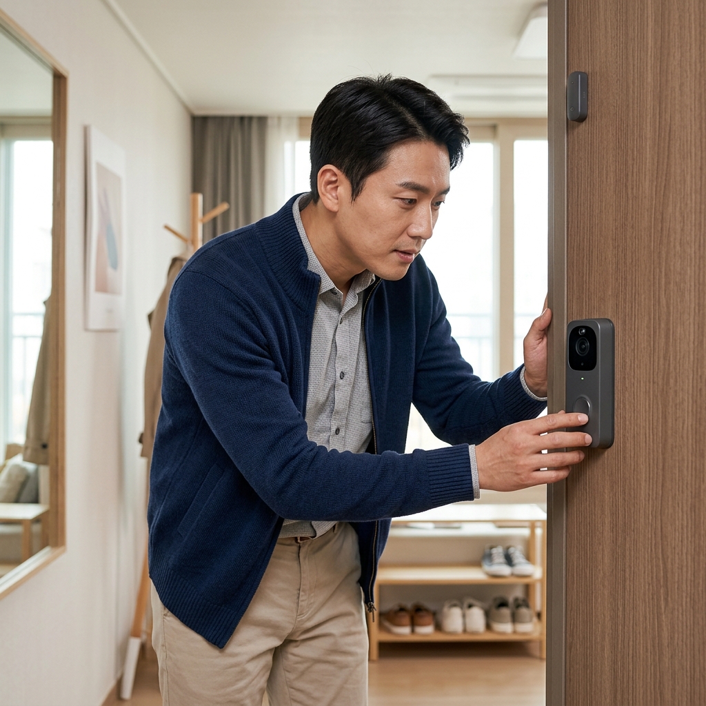 30대 남성이 집 현관문에 설치된 스마트 초인종과 문열림 센서를 확인하는 모습, 밝은 실내 배경