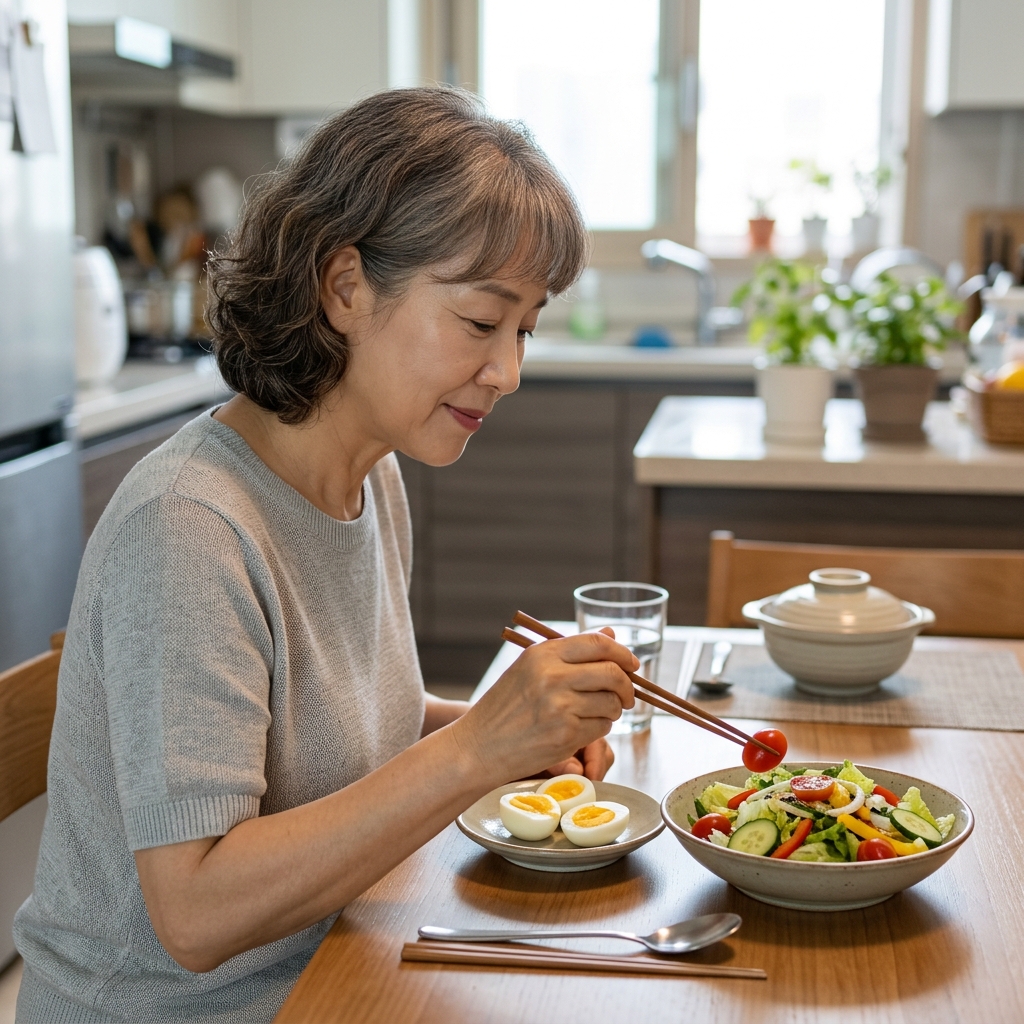 40대 후반 여성이 주방 식탁에 앉아 아침 식사로 채소 샐러드와 삶은 달걀을 먼저 먹고 있는 모습, 밥그릇은 뒤쪽에 놓여 있음