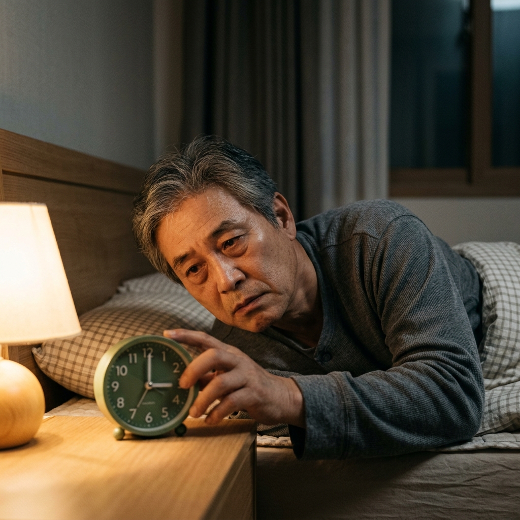 침대 옆 탁자 위 시계를 보며 잠 못 이루는 60대 남성, 희미한 실내 조명