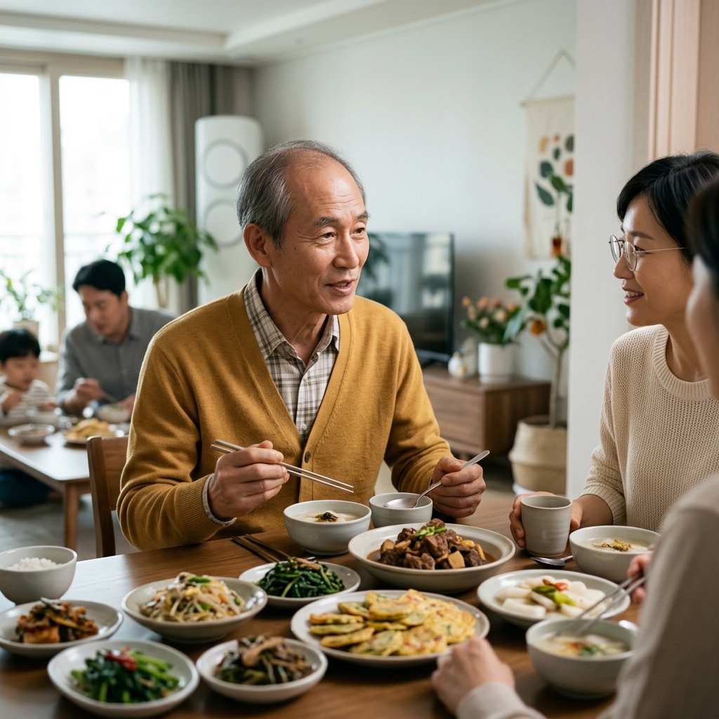 70대 남성이 명절 음식이 차려진 식탁 앞에서 천천히 식사하며 가족과 대화하는 장면
