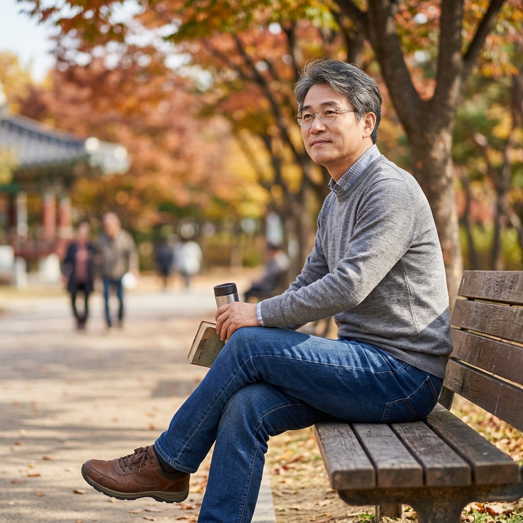 셔츠 위에 얇은 니트를 걸치고 청바지를 입은 50대 남성이 공원 벤치에 앉아 있는 모습