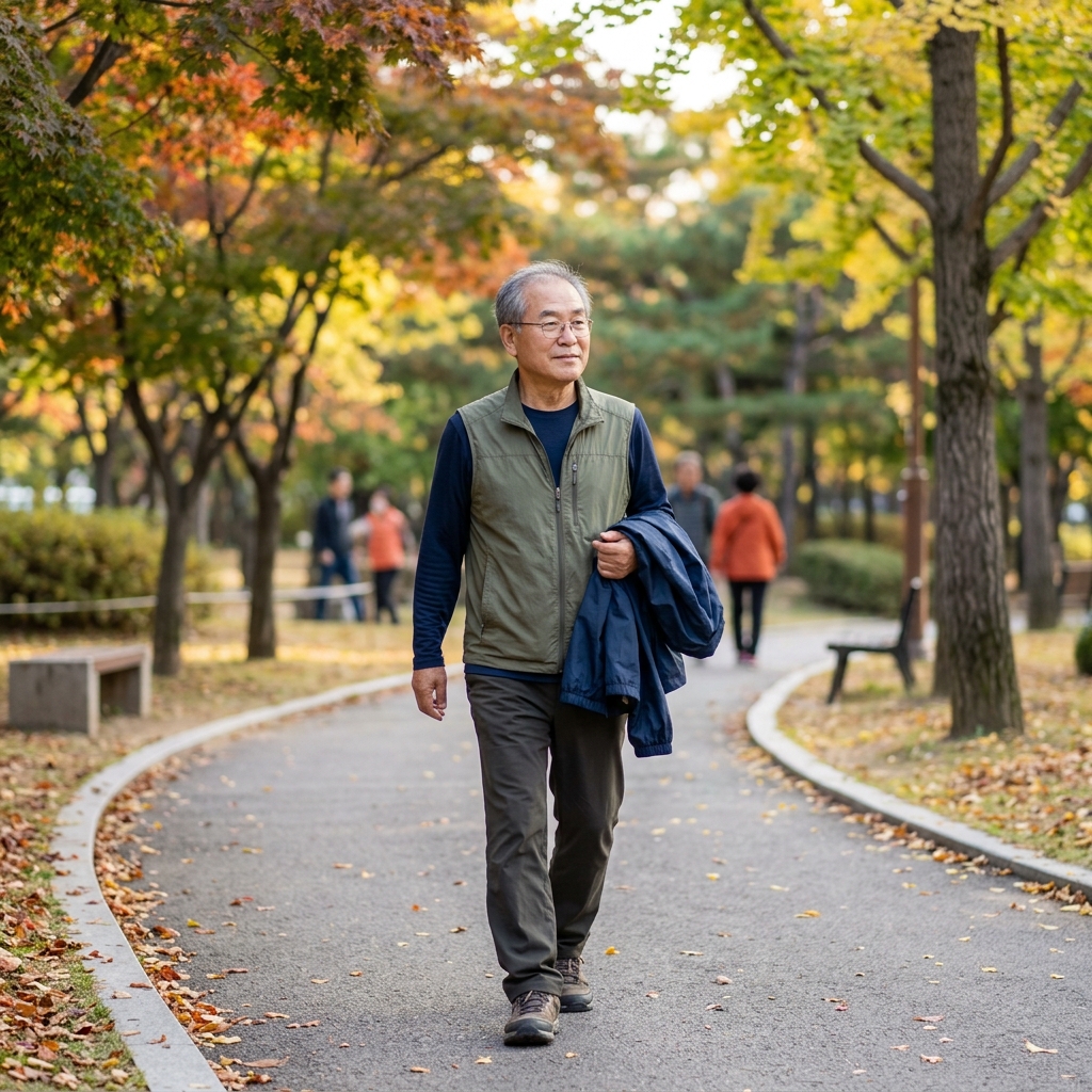 아침엔 춥고 30분 뒤 땀…70대 가을 산책복 레이어링