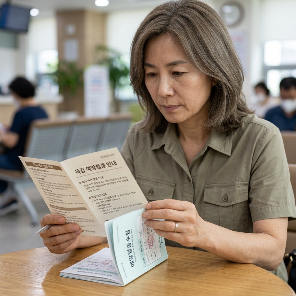 독감 백신 접종 안내문과 예방접종 수첩을 확인하는 중년 보호자의 손