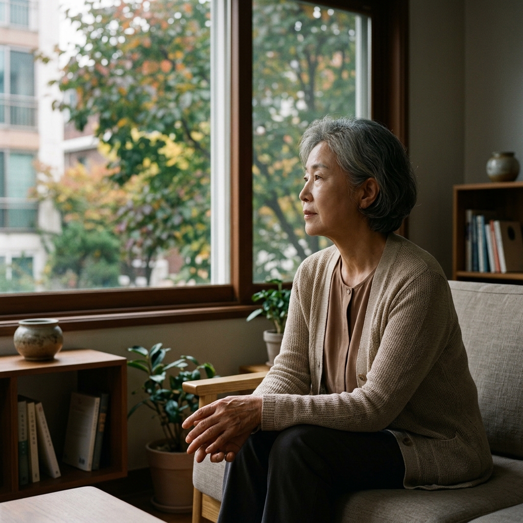 거실 소파에 앉아 얇은 카디건을 걸친 70대 어머니가 창밖을 바라보는 모습, 창틀 너머로 초가을 나뭇잎이 보이고 실내는 약간 어둡다