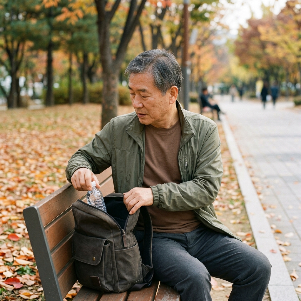 70대 남성이 얇은 바람막이 점퍼를 걸치고 공원 벤치에 앉아 물병을 꺼내는 장면