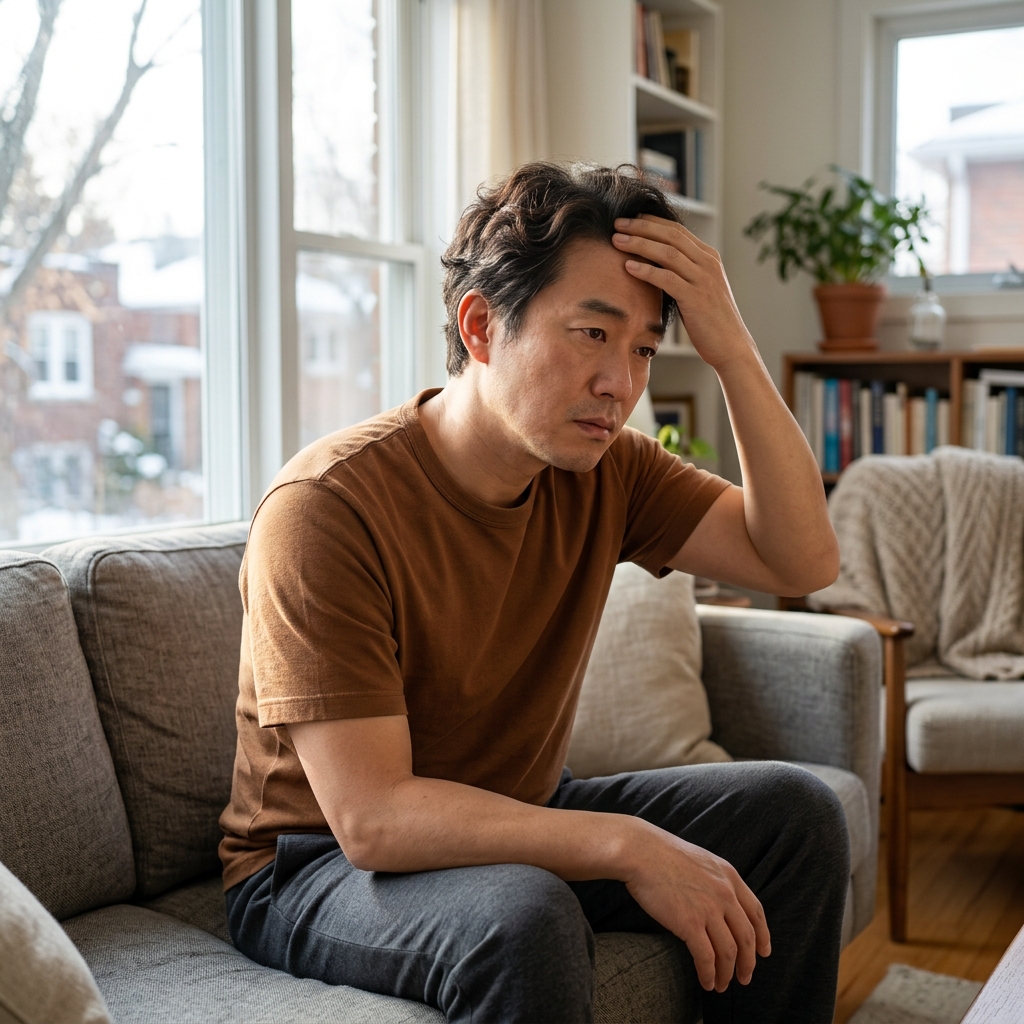 70대 초반 남성이 실내 거실 소파에 앉아 손으로 머리를 만지며 탈모 부위를 확인하는 모습, 후드티 차림, 창밖으로 겨울 햇살이 들어옴