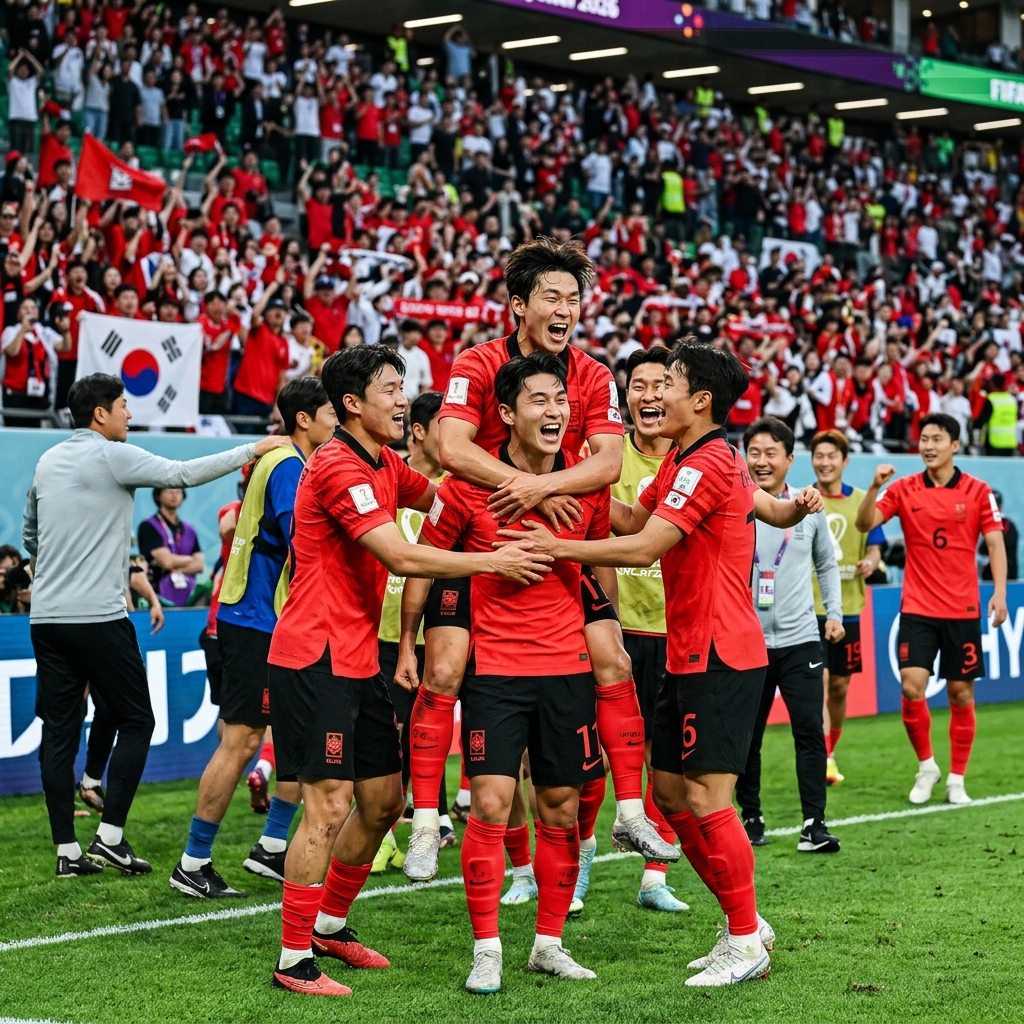 한국 축구 대표팀 선수들이 4강 진출 후 기뻐하는 모습
