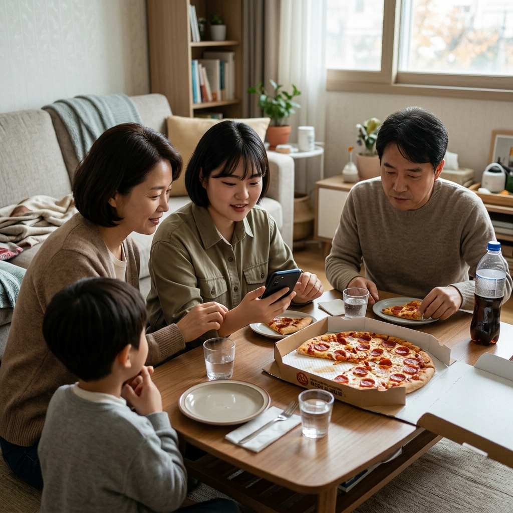 거실 테이블에 놓인 피자 박스와 스마트폰으로 주문 화면을 확인하는 한국인 가족의 자연스러운 생활 장면