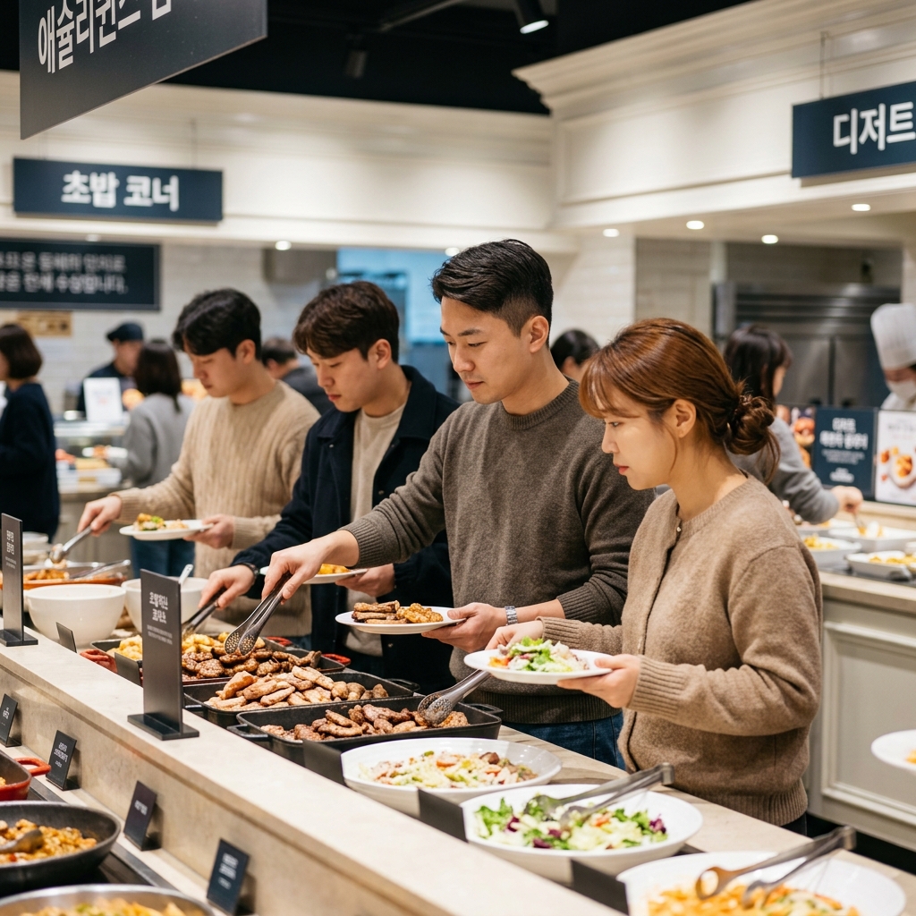 애슐리퀸즈 매장에서 젊은 고객들이 뷔페 음식을 고르는 모습