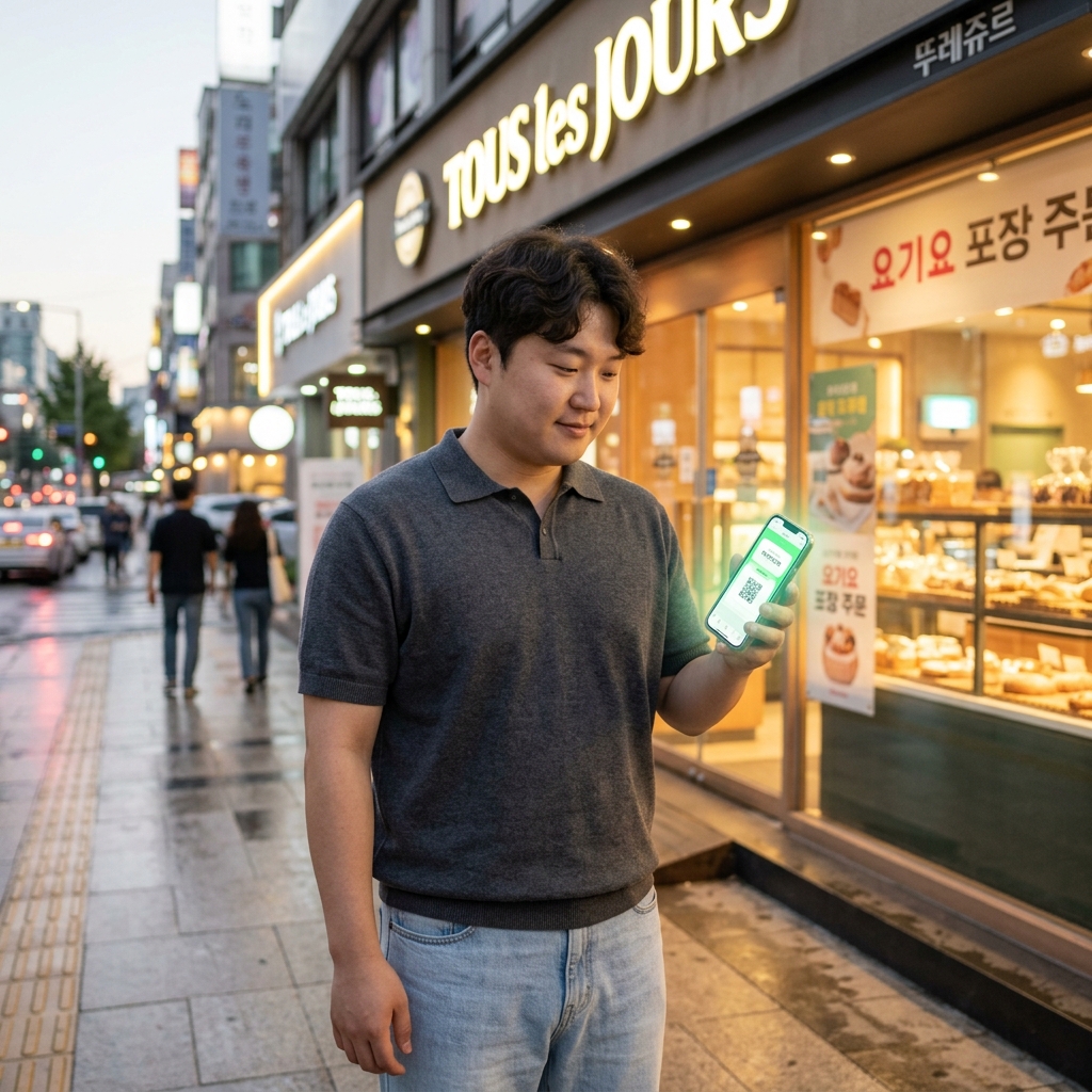 뚜레쥬르 매장 앞에서 요기요 앱으로 포장 주문 쿠폰을 확인하는 장면