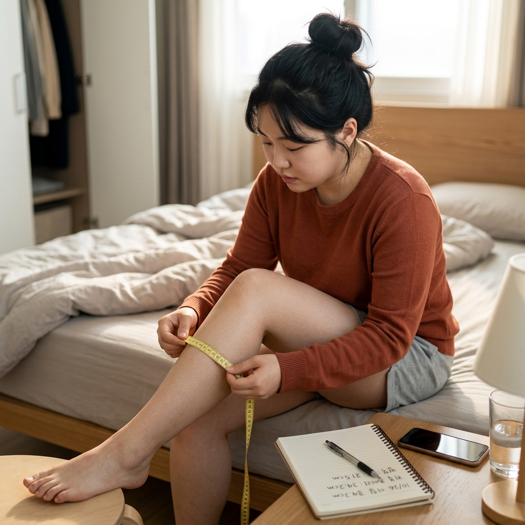 침대 옆에서 아침에 일어나자마자 줄자로 발목과 종아리 둘레를 재고 있는 20대 여성의 모습, 메모지에 측정값 기록