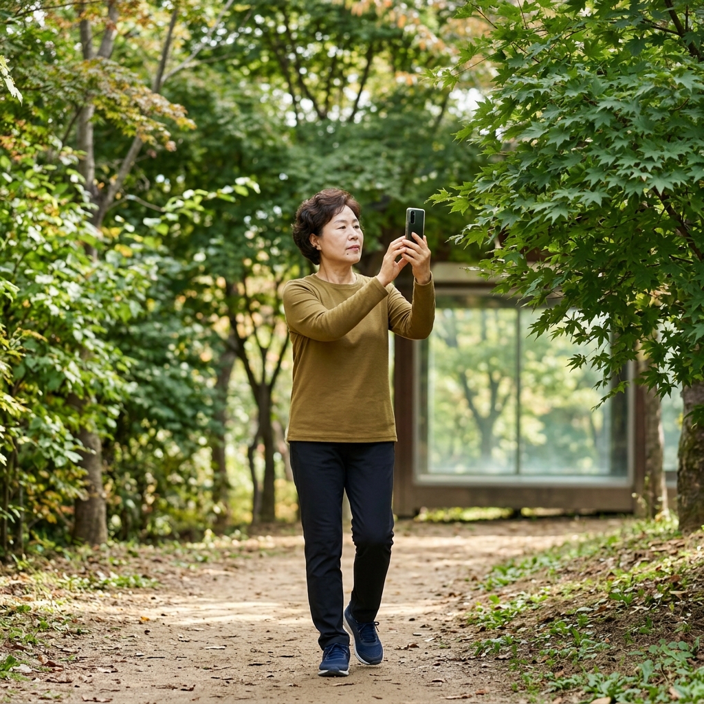 60대 중반 남성이 편한 운동화를 신고 공원 산책로를 걸으며 스마트폰으로 나무를 찍고 있는 장면, 창밖으로 잎이 무성한 나무가 보인다