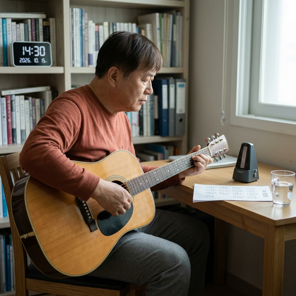 60대 후반 남성이 집 서재에서 통기타를 무릎에 올려놓고 코드표가 적힌 종이를 보며 왼손으로 지판을 짚고 오른손으로 줄을 튕기는 연습을 하는 모습, 책상 위에 메트로놈과 물컵이 보이는 장면