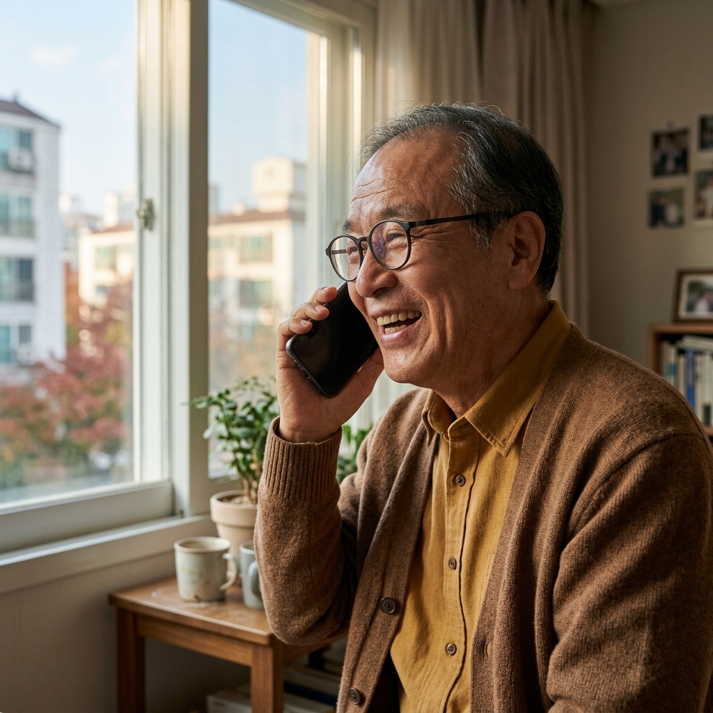 70대 남성이 휴대폰을 귀에 대고 통화하며 밝게 웃는 얼굴, 배경은 집 안 창가이며 햇살이 부드럽게 들어온다