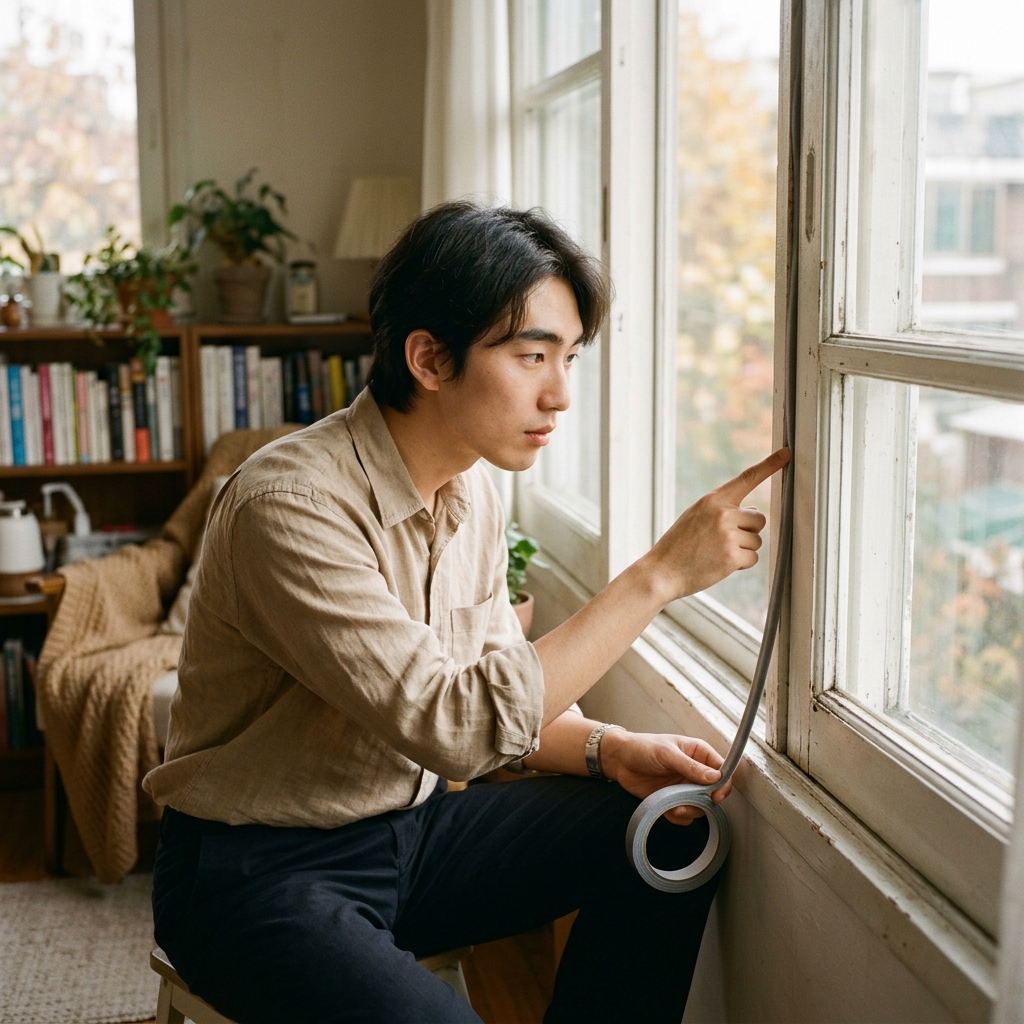 창틀 틈을 손가락으로 확인하며 문풍지를 붙이는 장면