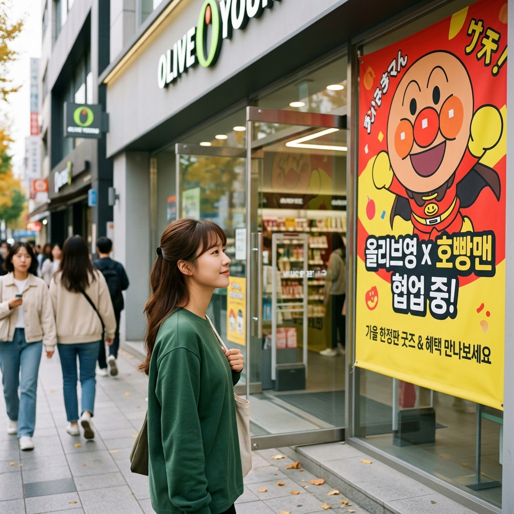 올리브영 매장 입구에 호빵맨 캐릭터 협업 배너가 걸린 모습